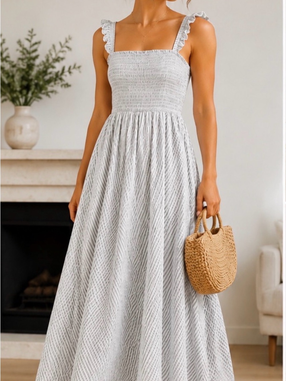 Time and Tru Light Gray Smocked Square Neck Maxi Dress